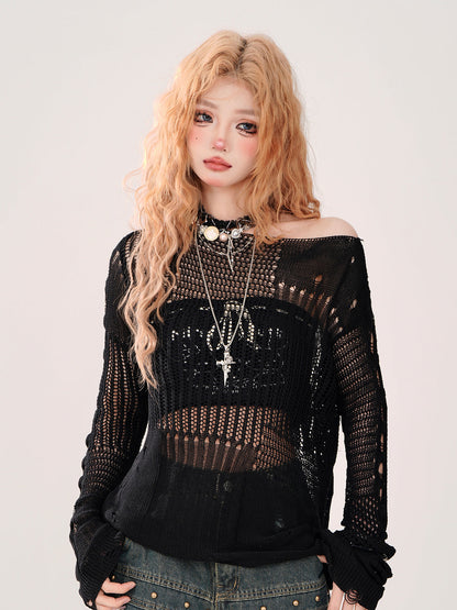 Summer Knit + Tube Top Openwork Sheer Ripped