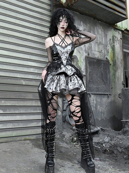 PU Suspender Punk Halter-neck Mesh Metallic Off-the-shoulder Tulle + Top Dress Sheer