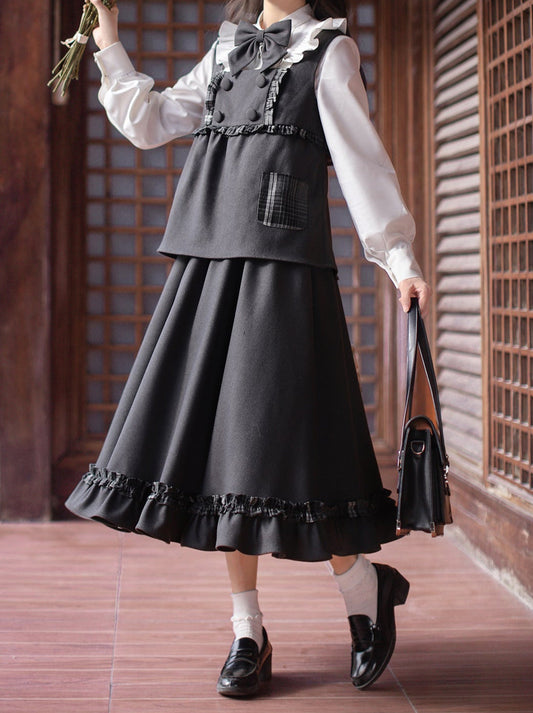 Gilet à carreaux style collège et style ruban, jupe de costume blanche à volants, chemise à volants originale à volants