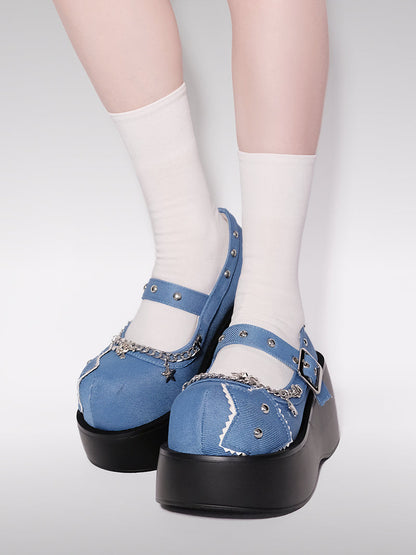 Buckle Star Toe Platform Denim One Punk Round Shoes