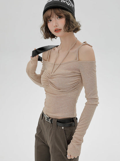 Shoulder Ribbon Halter Neck Top Off