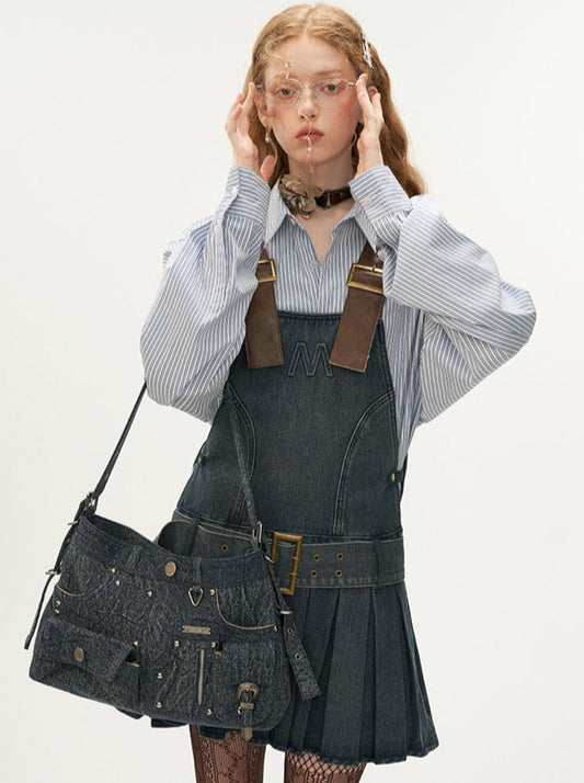 Leather Belted Logo Pleated Denim Suspender Skirt