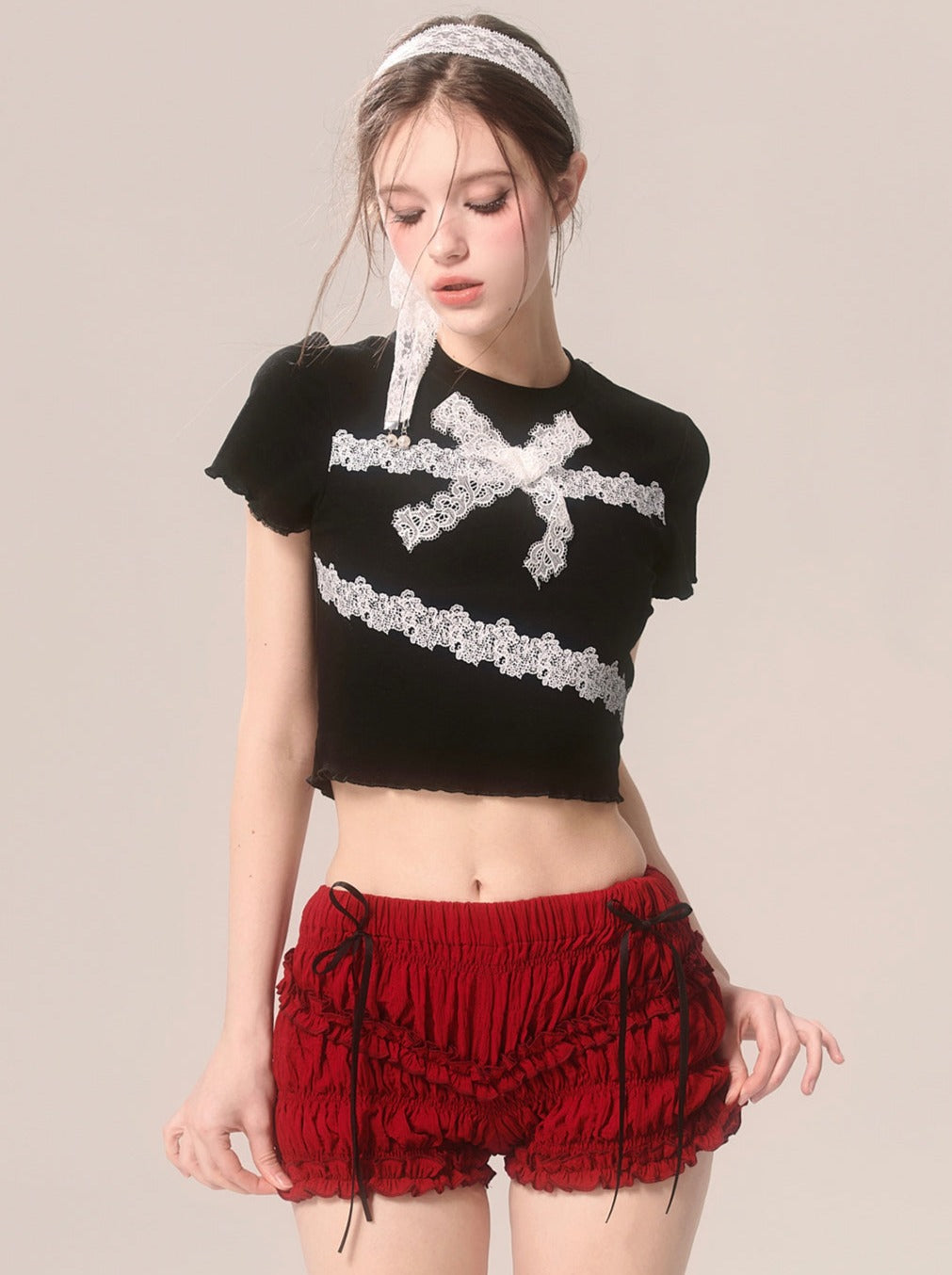 Ruffle Cherry Shorts Red