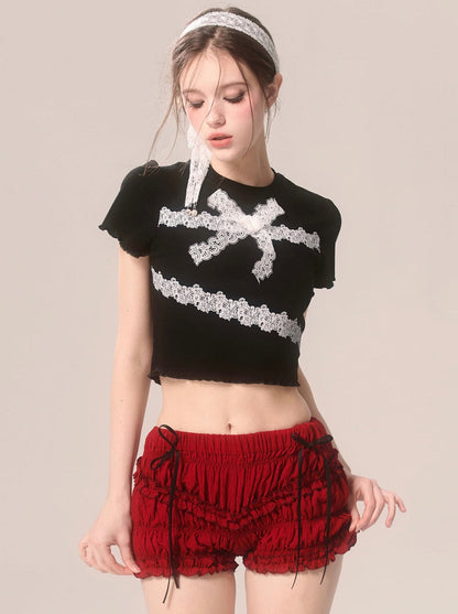 Ruffle Cherry Shorts Red