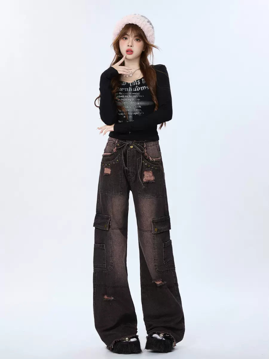 Gradient Retro Cargo Denim Damaged Black Pants