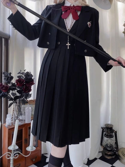 Hemdjacke Weißes Kleid Schwarzes Prinzessinnen-Kurzkleid Plissee-Stil College V-Ausschnitt
