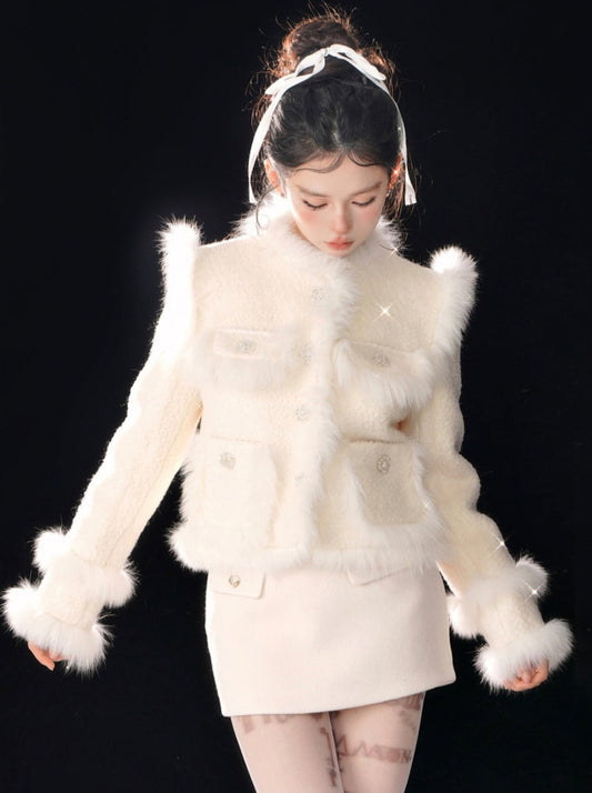Veste en tweed renard thé abricot fourrure douce neige