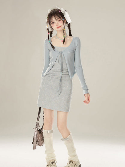 French Floral Dress Cardigan Suspender Short