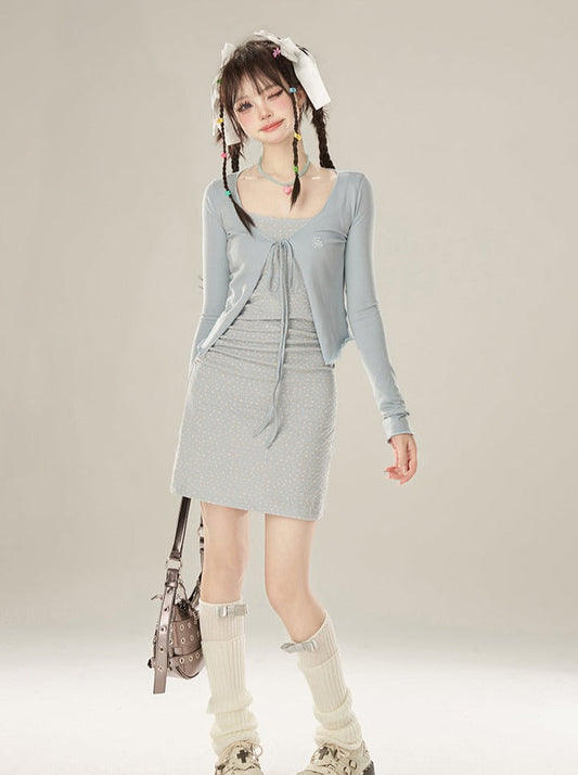 French Floral Dress Cardigan Suspender Short