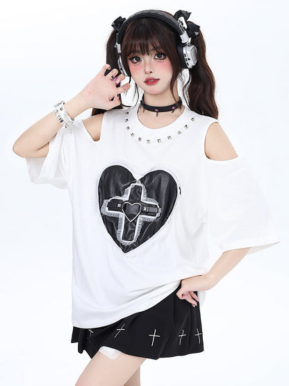 Dunkles T-Shirt mit genieteter Spitze Love Loose Open Shelder