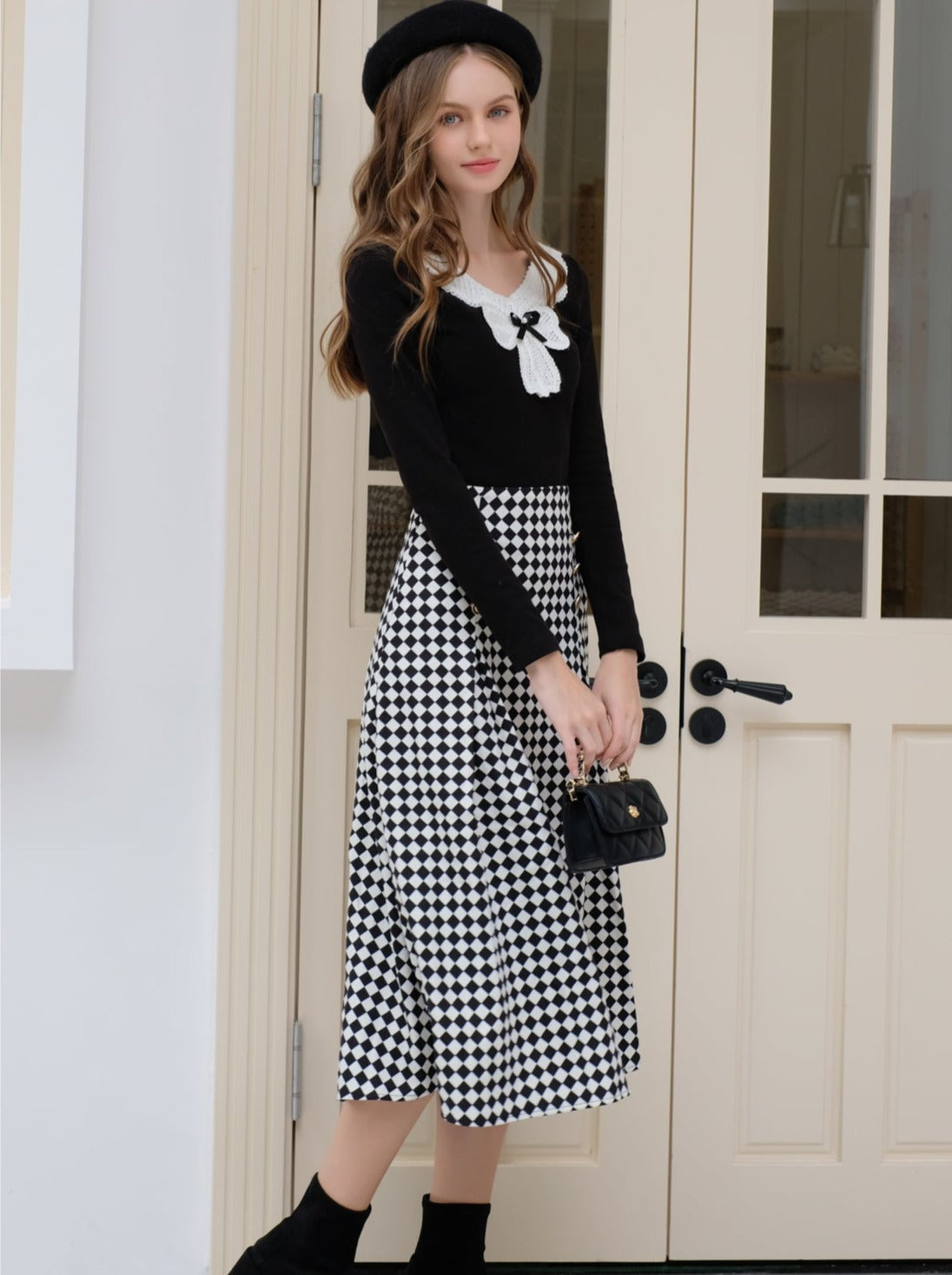 Design Lace Diamond Ribbon + Top Check Skirt