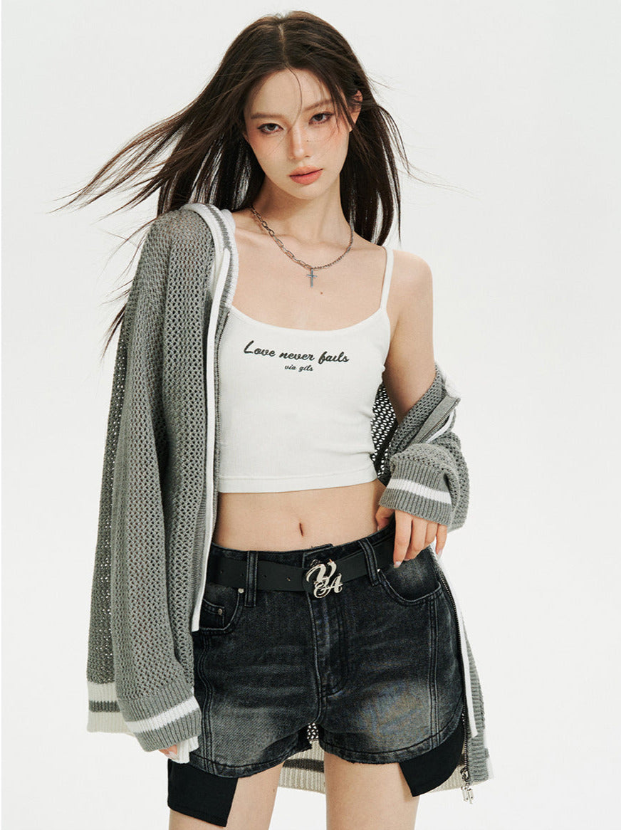 Sheer Zip Mesh Knit Short/Long Hoodie