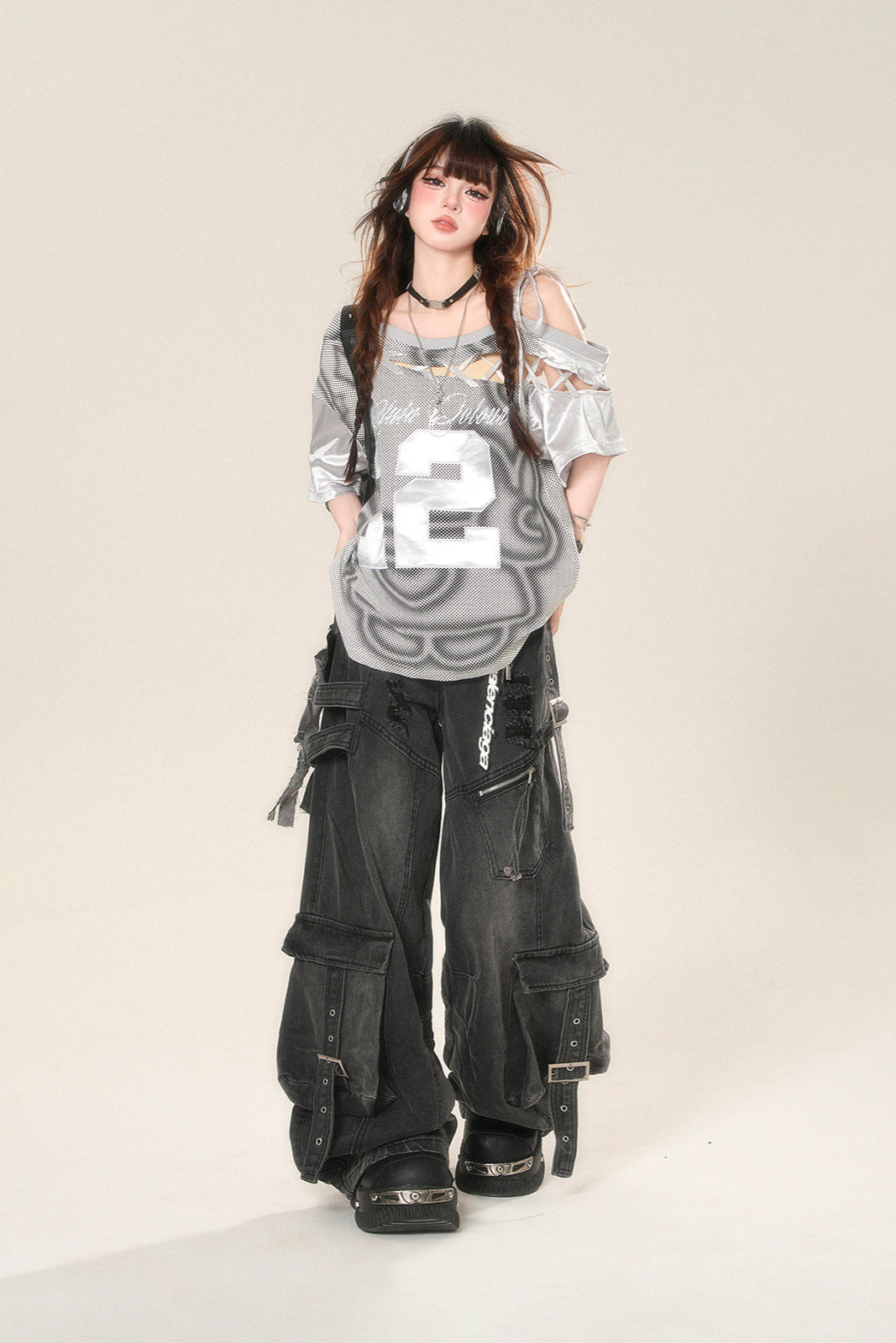 street high wide Rip denim pants