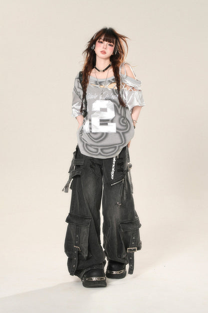 street high wide Rip denim pants