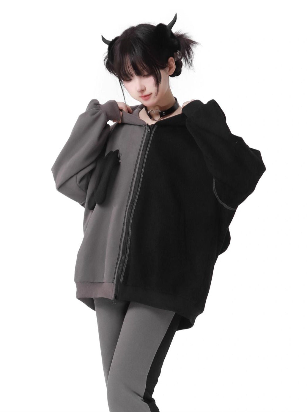 Rabbit Ear Contrast Zip Parker Pants Skirt