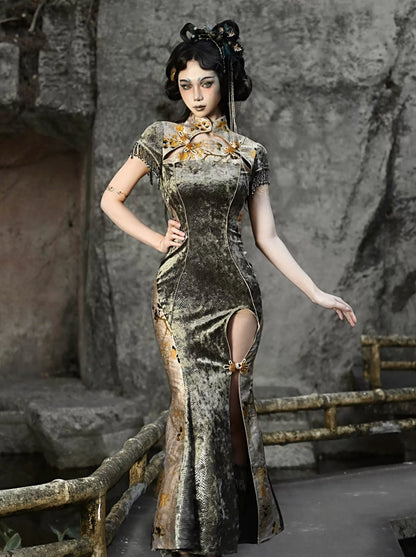 ドレス マーメイド ロング フェスティバル ドラゴン チャイニーズ スリット バックル スリム