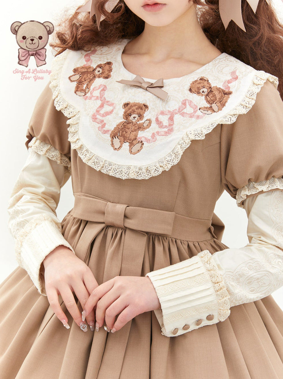 ロリータテディベアフラップレースパフスリーブリボンデレス
