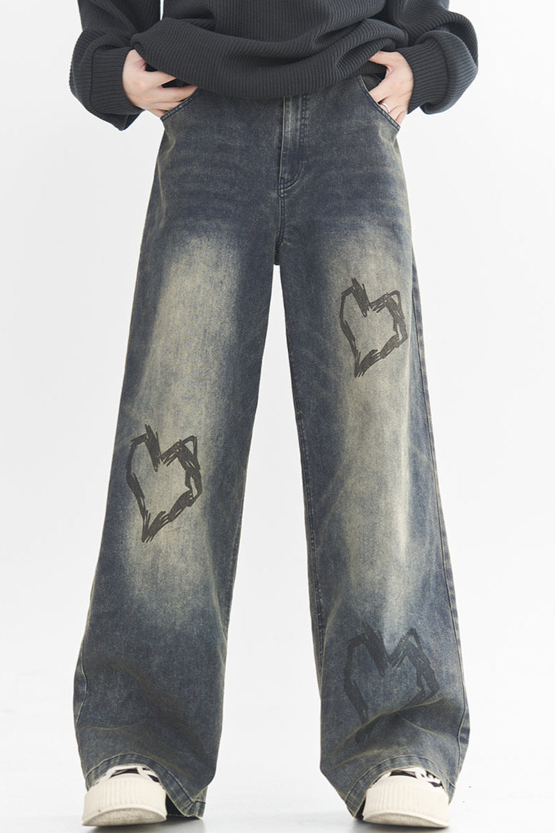 Heart Print Style Street Jeans