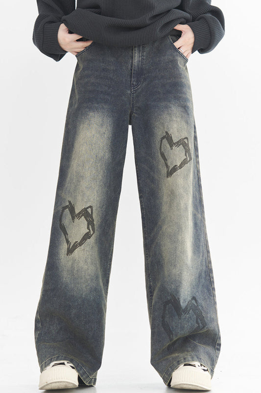 Heart Print Style Street Jeans