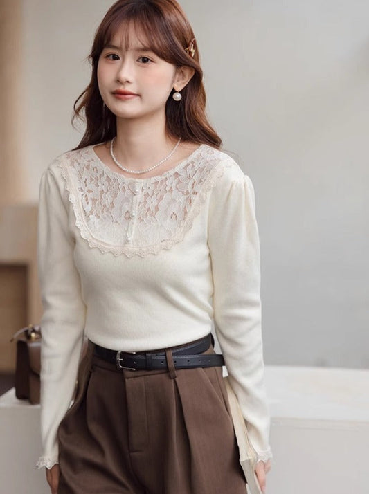 Style Neck Slim Top Fit French Lace Round