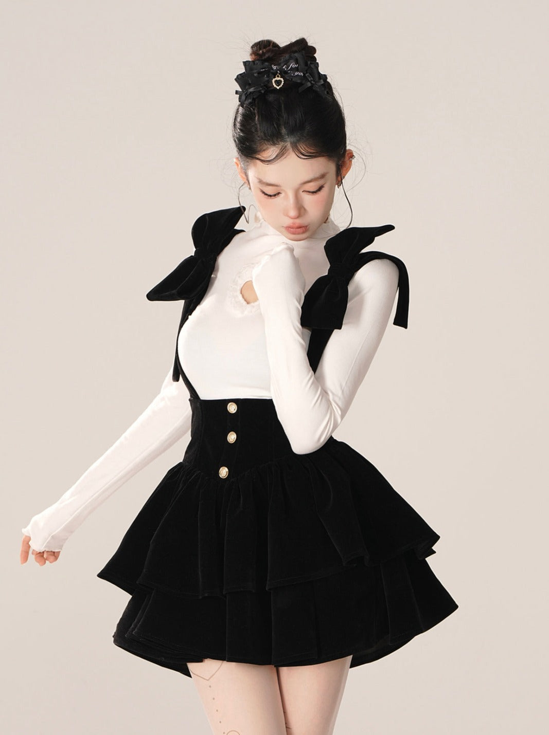 Bow Big Shoulder Suspender Skirt