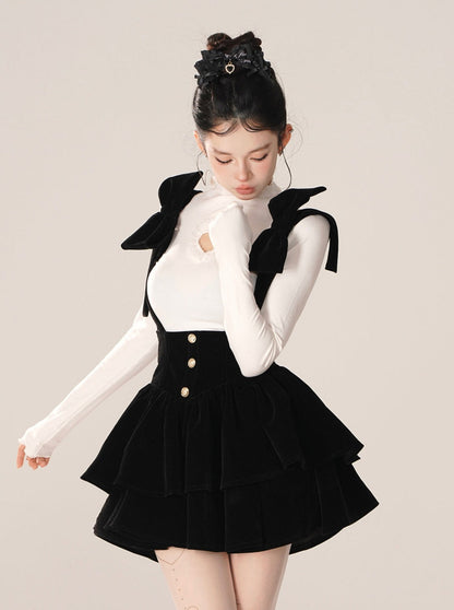 Bow Big Shoulder Suspender Skirt