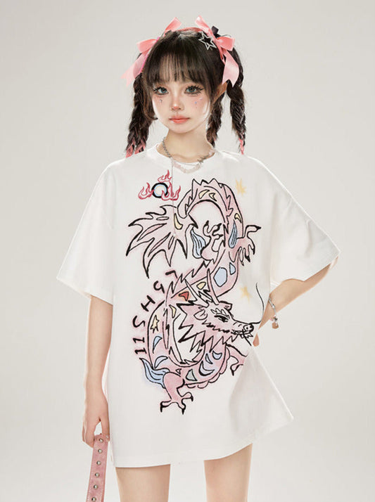 Original Loose T-Shirt mit Drachen-Print in Weiß