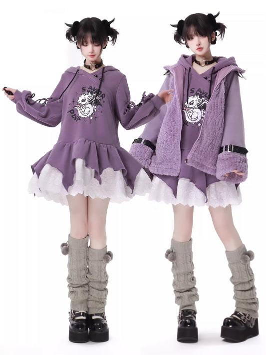 Veste et robe sweat à capuche à imprimé dragon d'air violet