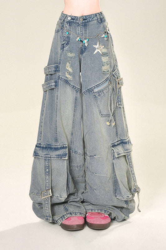 street high wide Rip denim pants
