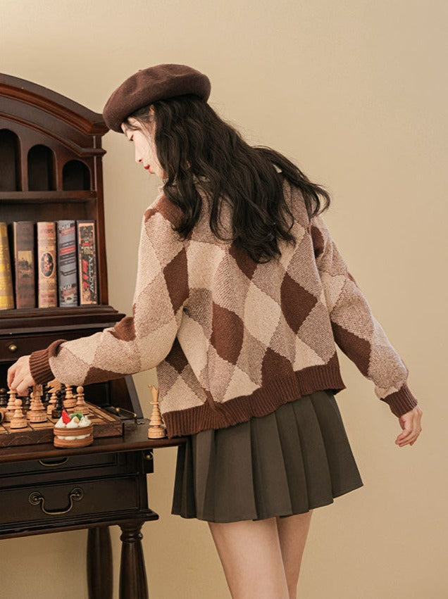 Argyle Skirt Pleated Knit Brown Cardigan Retro