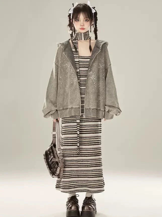 Zipper Hooded Diamond Druzy Gray Hoodie Light