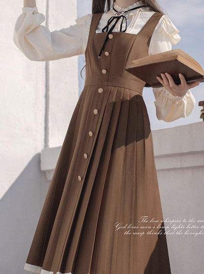 Suspender Ribbon Sress College Stand Shirt Ruffle + Collar + Retro Pleated Accessories