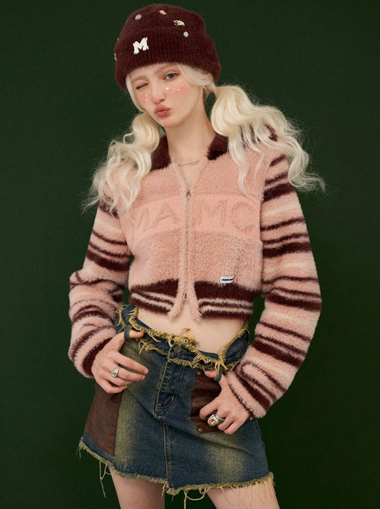 Striped Double Wool Zipper Cardigan Top