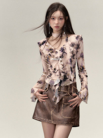 Ruffle Design Niche V-Neck Top