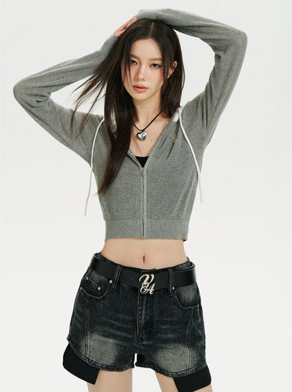 Sheer Zip Mesh Knit Short/Long Hoodie