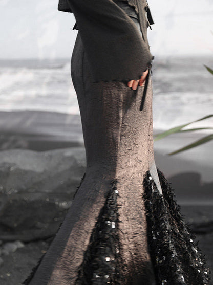 Design Skirt Mermaid China Satin Splyce Feather Sequined Dark