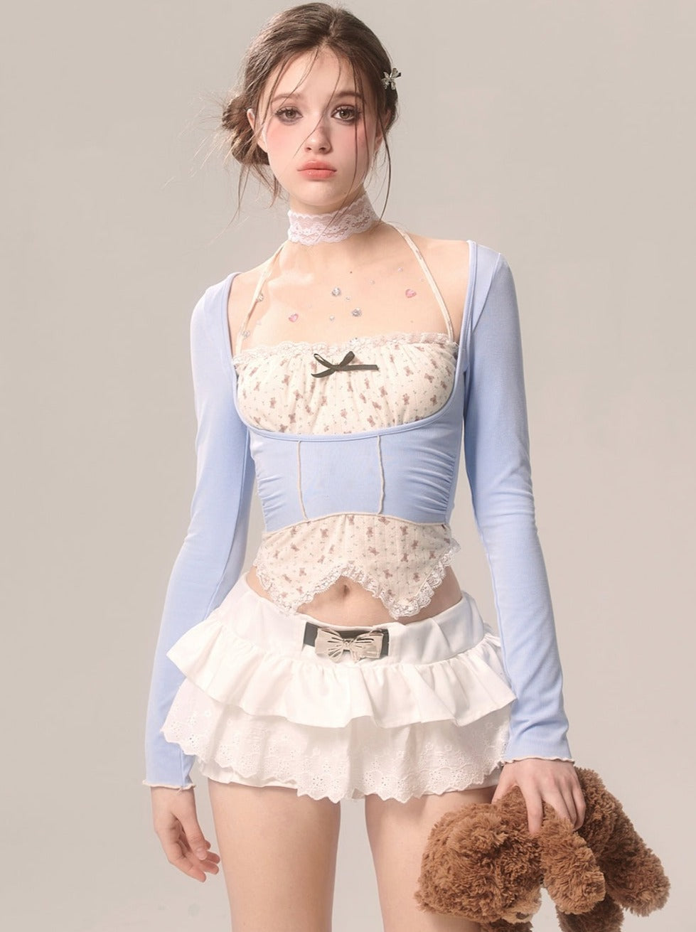 Pearl Ribbon Skirt White French Pants Lace Flared White Eye