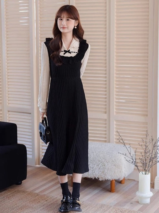 Dress French Piece Girly Faux Two Retro