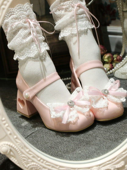 Chaussures élégantes à talons carrés en dentelle et ruban, bout pointu, Lolita Love