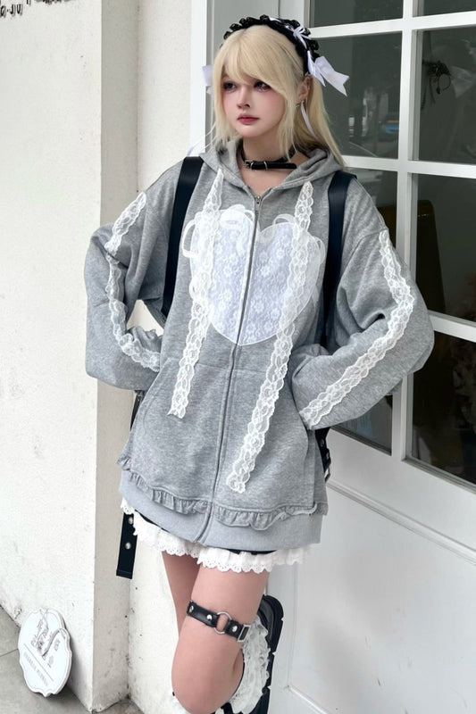 Chill Zip-Through Lace Hooded Hoodie