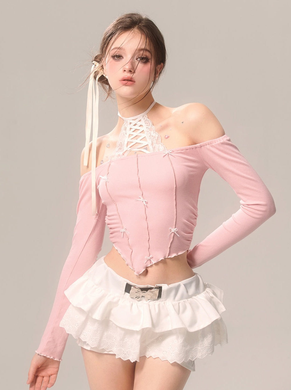Pearl Ribbon Skirt White French Pants Lace Flared White Eye