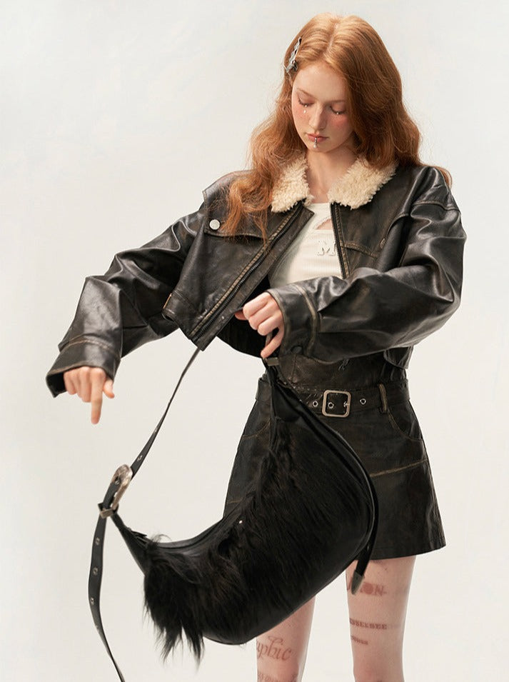 Osh Design Leather Fur Collar Jacket + Short Leather Pants