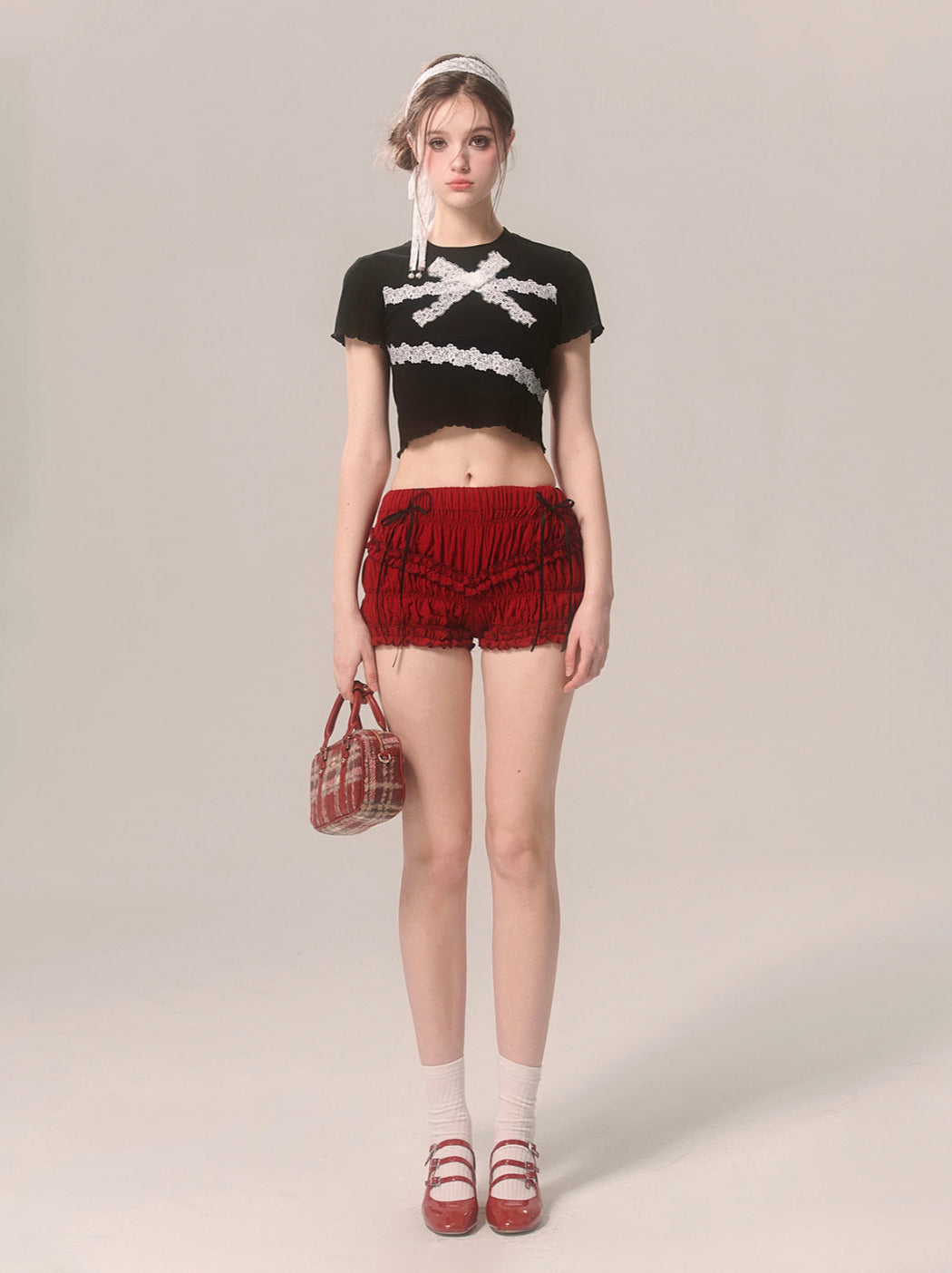 Slim Lace T-Shirt Frill Short Ribbon