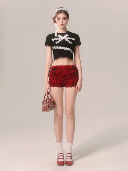 Slim Lace T-Shirt Frill Short Ribbon