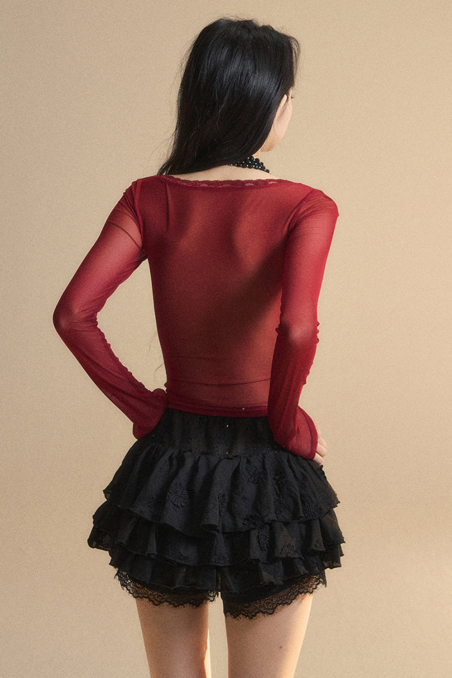 Top Mesh Cranberry Pre-order product Australian Lace V-Neck