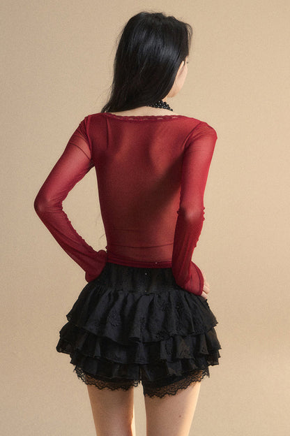 Top Mesh Cranberry Pre-order product Australian Lace V-Neck