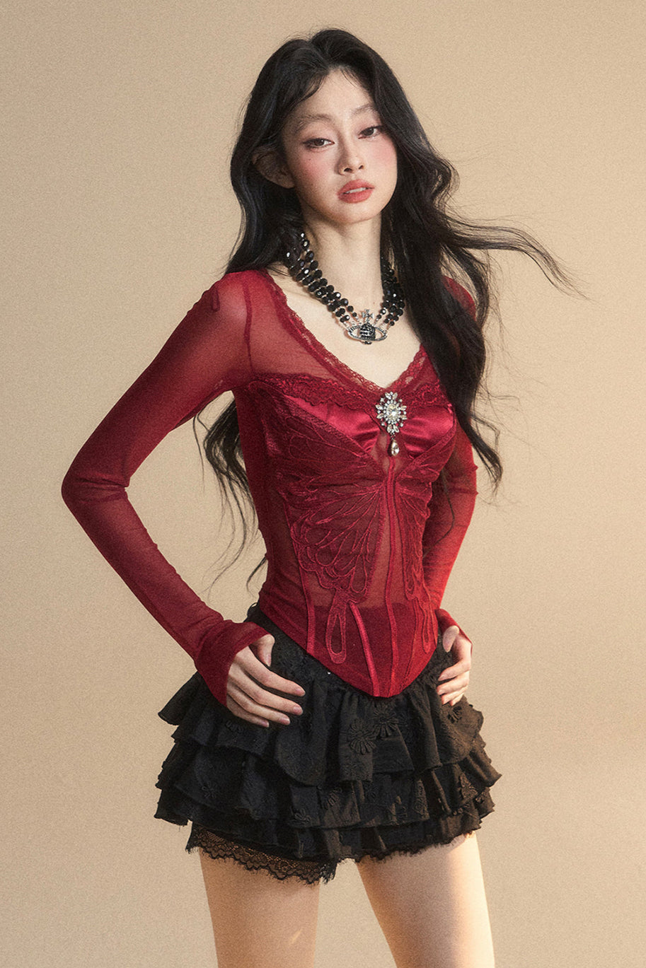 Top Mesh Cranberry Pre-order product Australian Lace V-Neck