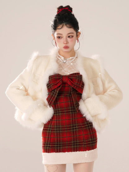 Bear Dress Suspender Red Collar Gummy Check + Tops Inner Lace