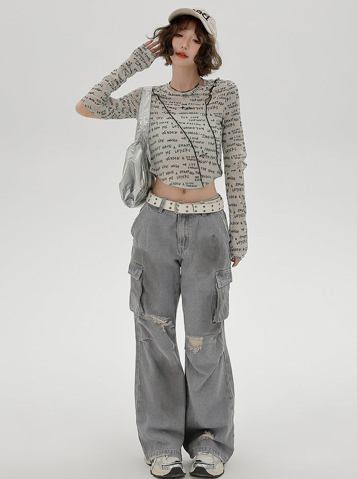 Sleeve Split Short Print Slim Top Letter