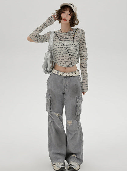 Sleeve Split Short Print Slim Top Letter